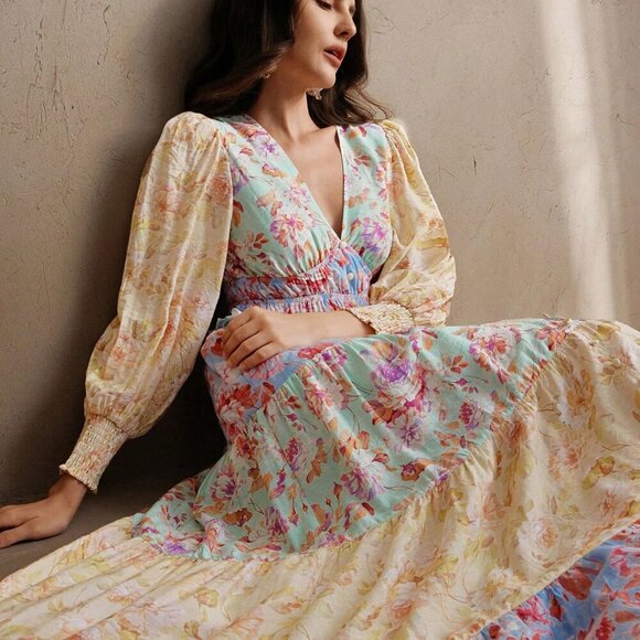 Blue Boho Women's V-Neck Lantern Sleeve A-Line Patchwork Dress - Picture 1 of 7